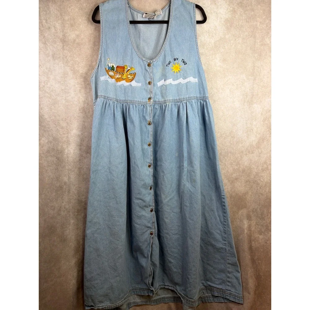 VTG Talk of America Jumper Dress Women 18 Blue Noahs Ark Embroidered Denim READ